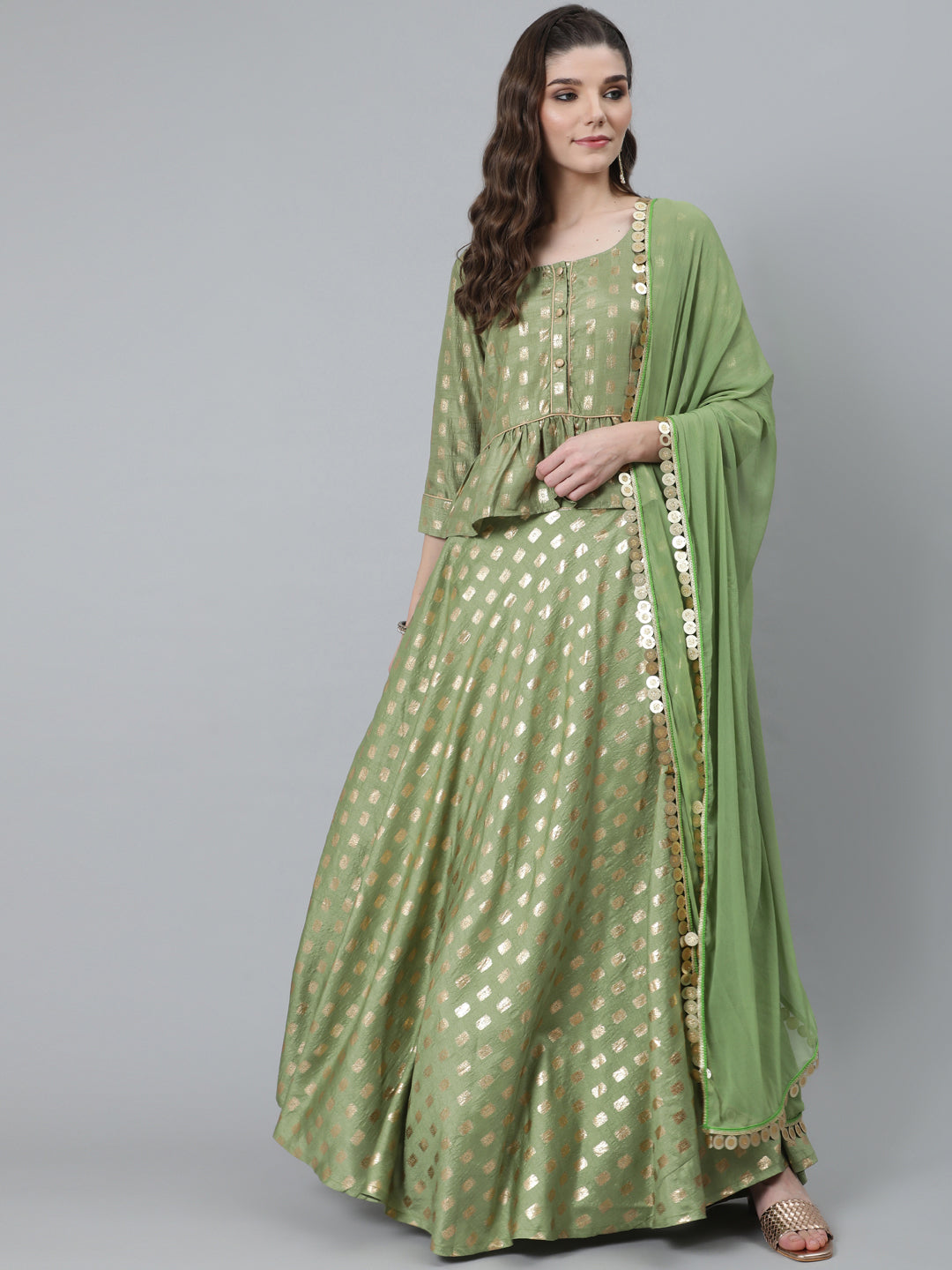 Women's Green Foil Print Lehenga Choli With Dupatta