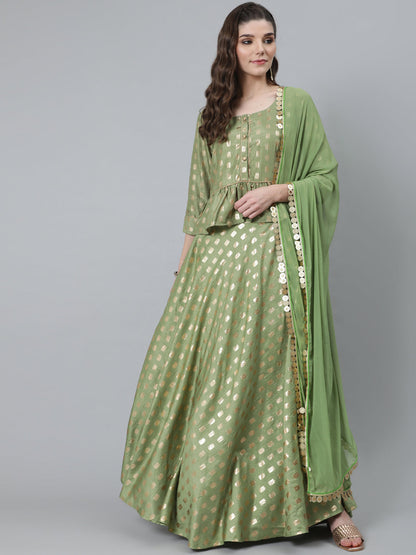 Women's Green Foil Print Lehenga Choli With Dupatta