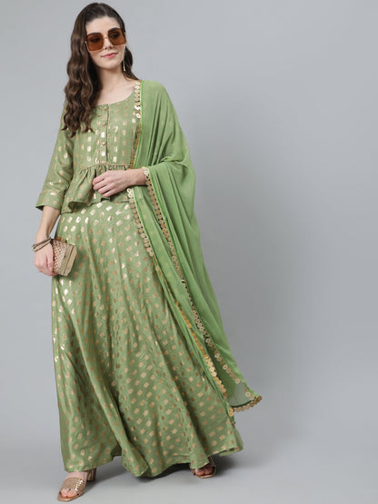 Women's Green Foil Print Lehenga Choli With Dupatta