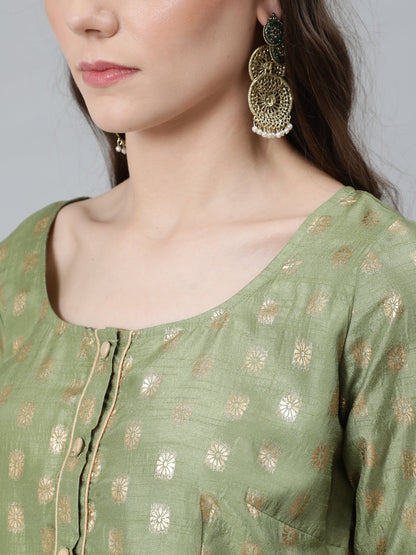 Women's Green Foil Print Lehenga Choli With Dupatta