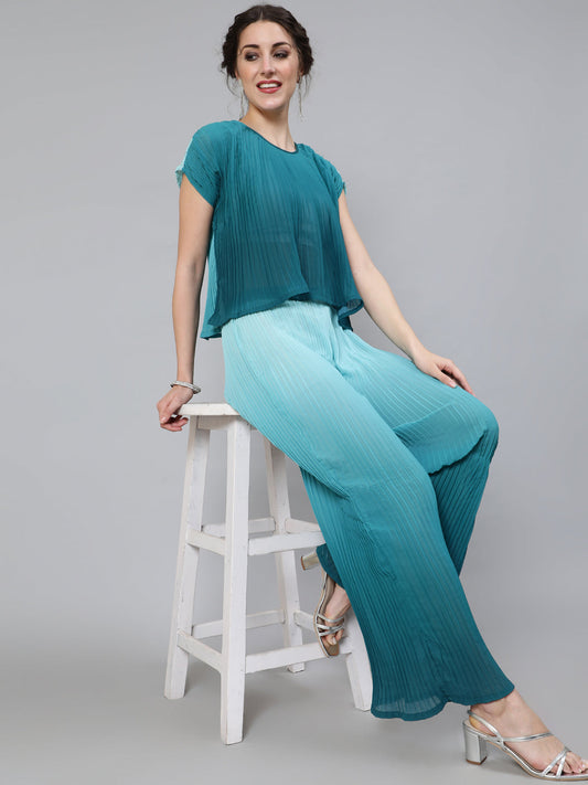 Women's Ombre Green Pleated Co Ord Set