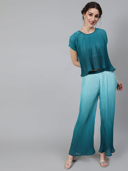 Women's Ombre Green Pleated Co Ord Set