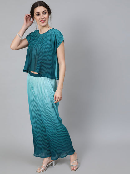 Women's Ombre Green Pleated Co Ord Set
