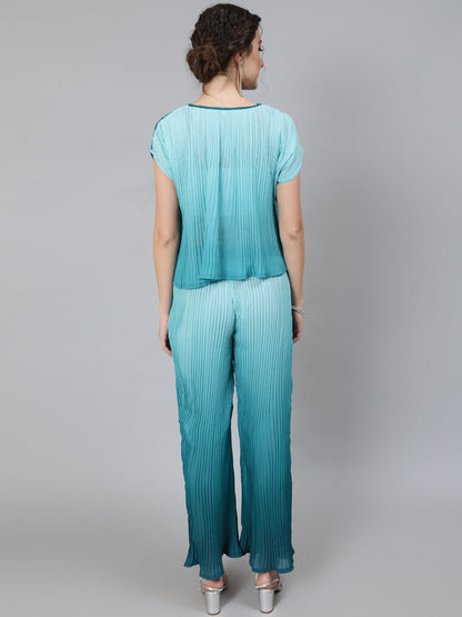 Women's Ombre Green Pleated Co Ord Set