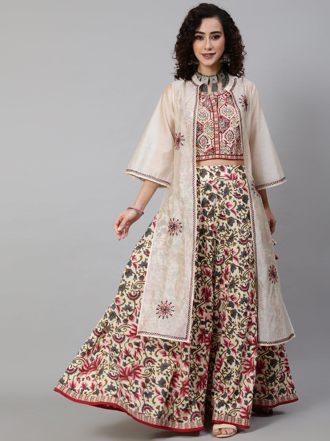Women's Cream Floral Printed Lehenga Choli With Jacket