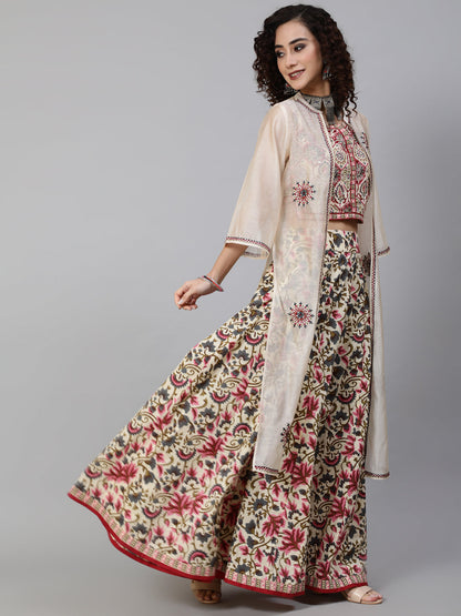 Women's Cream Floral Printed Lehenga Choli With Jacket