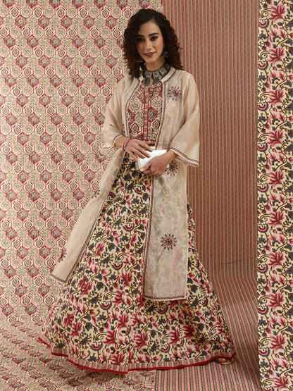 Women's Cream Floral Printed Lehenga Choli With Jacket