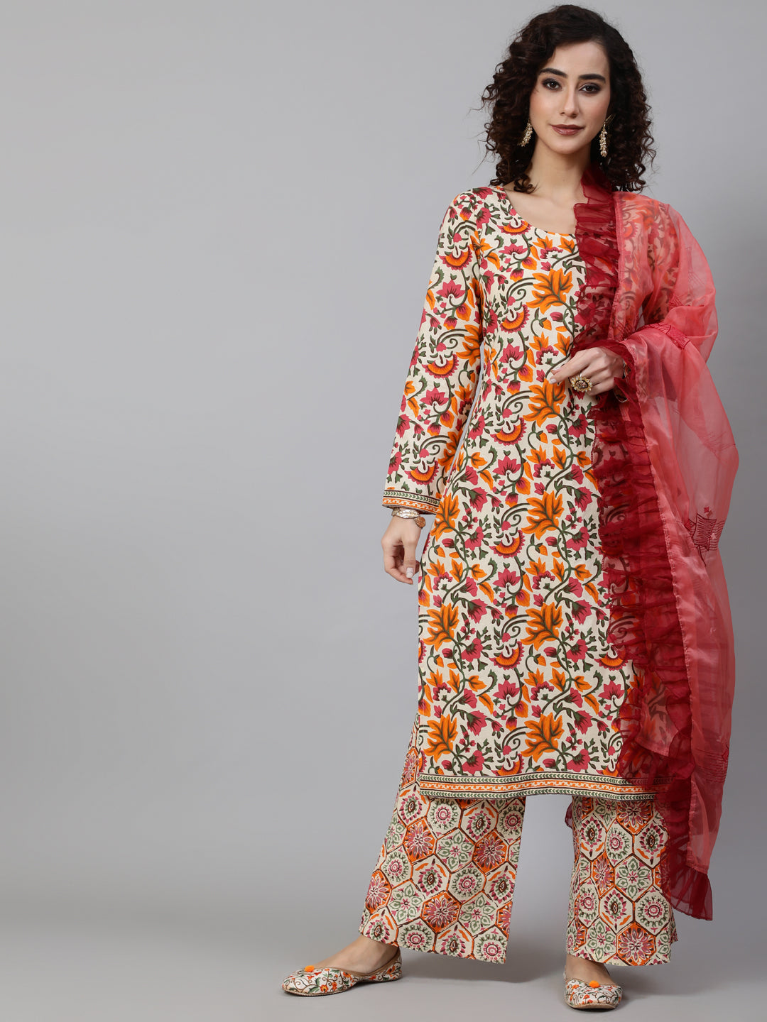 Women's Multicolor Floral Print Kurta Palazzo With Dupatta