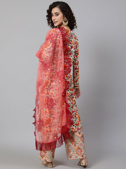 Women's Multicolor Floral Print Kurta Palazzo With Dupatta