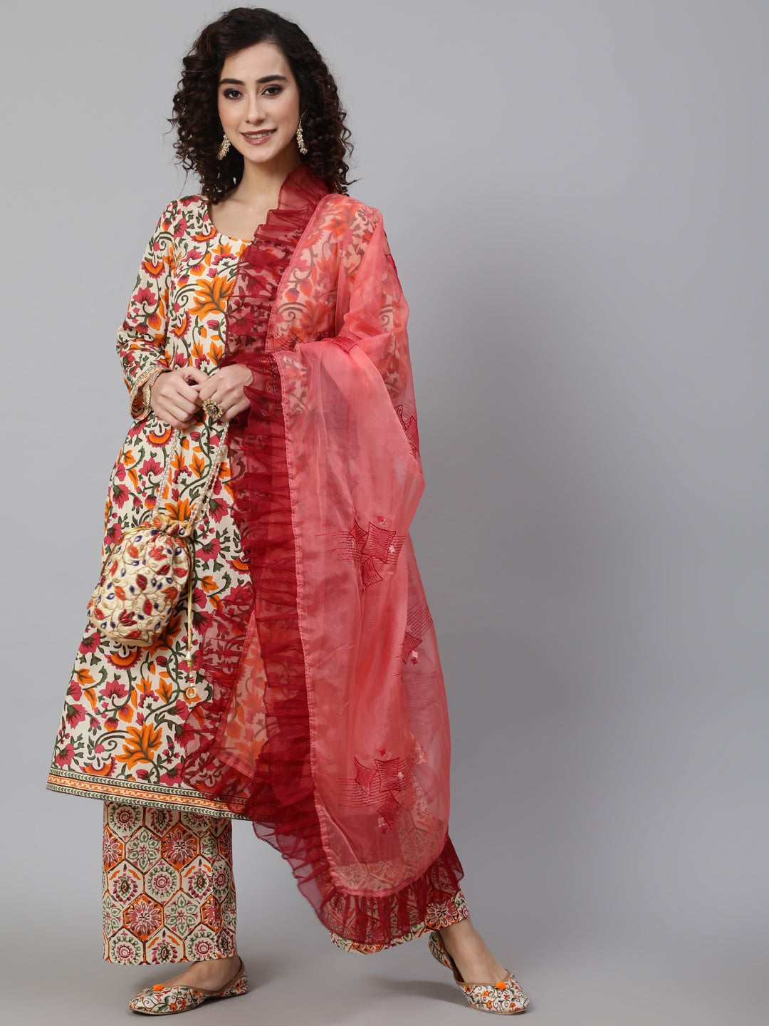 Women's Multicolor Floral Print Kurta Palazzo With Dupatta