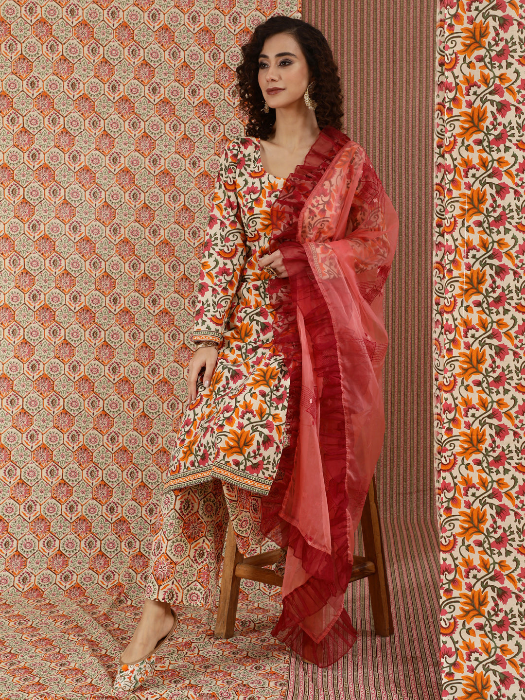 Women's Multicolor Floral Print Kurta Palazzo With Dupatta