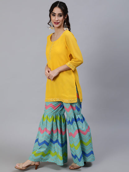 Women's Yellow Leheriya Print Kurta Sharara With Dupatta