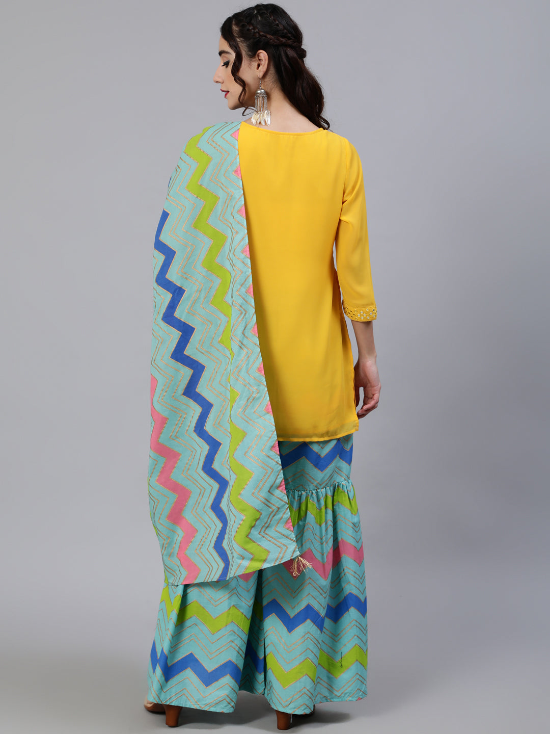 Women's Yellow Leheriya Print Kurta Sharara With Dupatta
