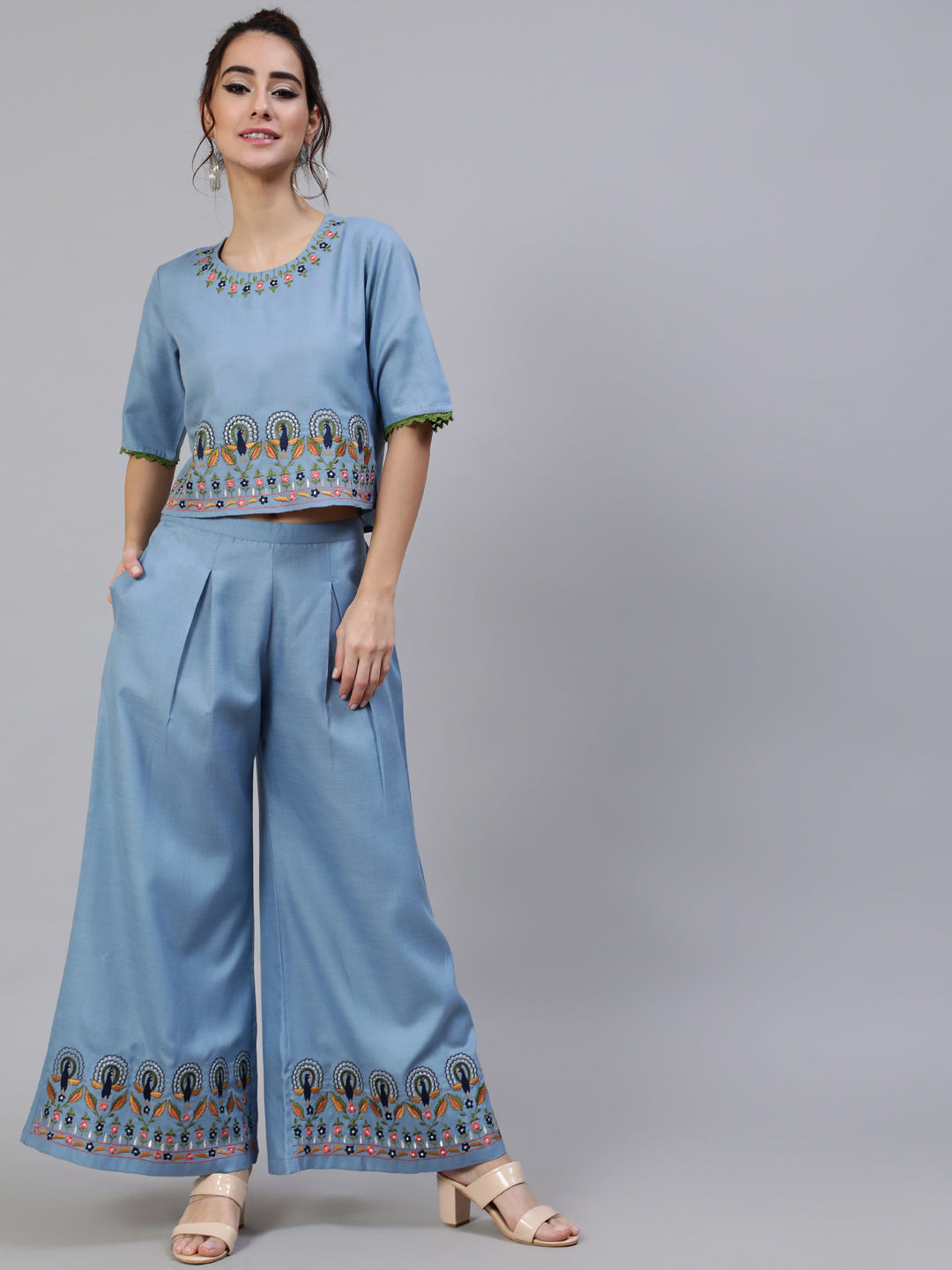 Women's Blue Embroidered Co Ord Set