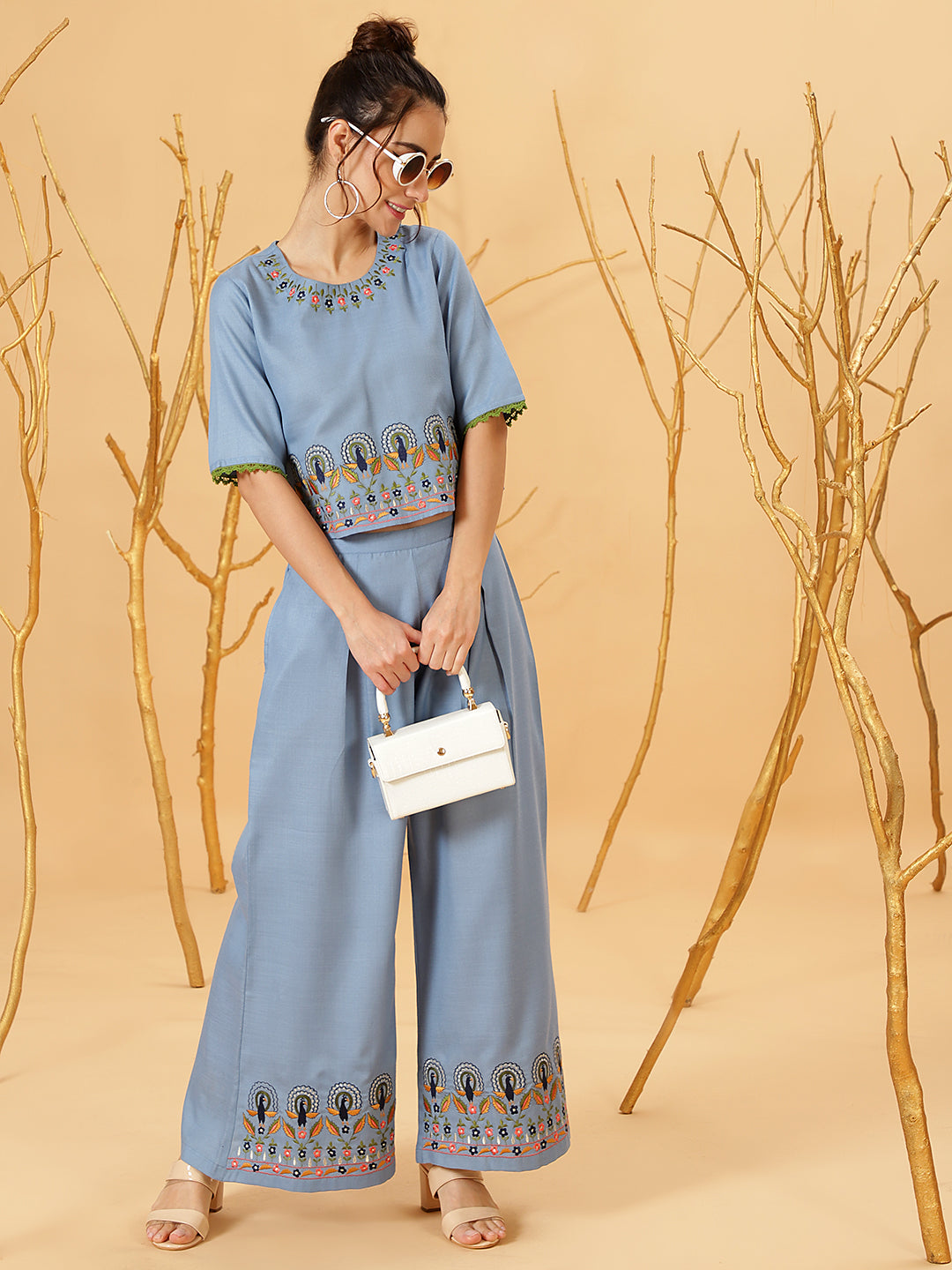 Women's Blue Embroidered Co Ord Set
