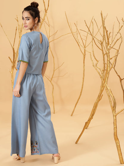 Women's Blue Embroidered Co Ord Set