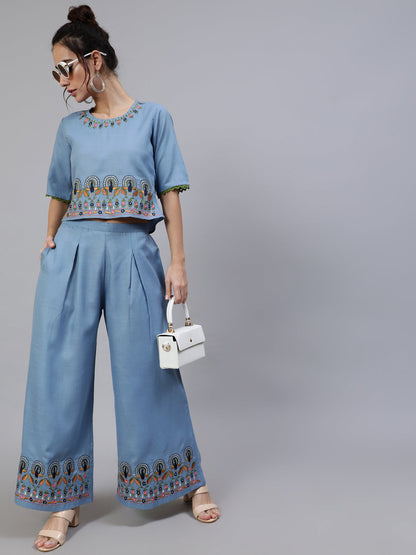 Women's Blue Embroidered Co Ord Set