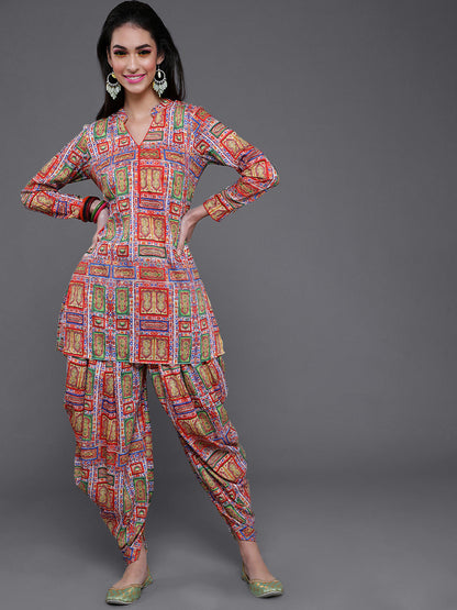 Women's Red Printed Short Kurta With Dhoti Pant