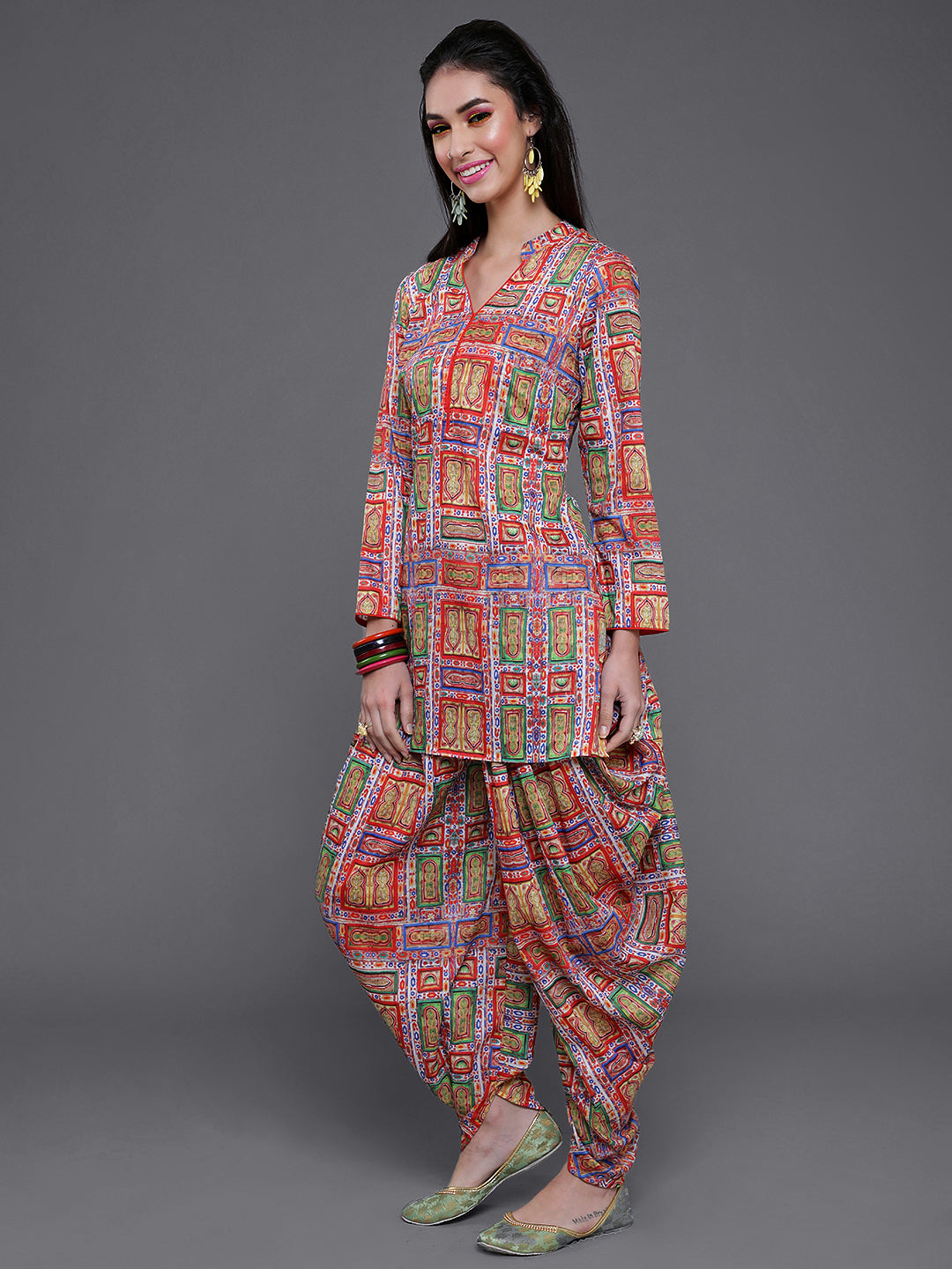 Women's Red Printed Short Kurta With Dhoti Pant