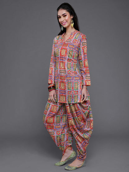 Women's Red Printed Short Kurta With Dhoti Pant