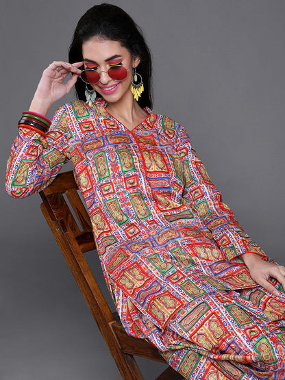 Women's Red Printed Short Kurta With Dhoti Pant