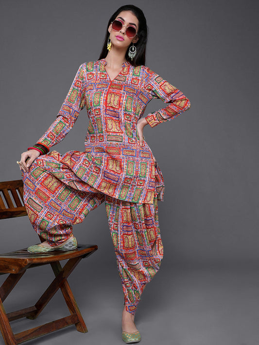 Women's Red Printed Short Kurta With Dhoti Pant