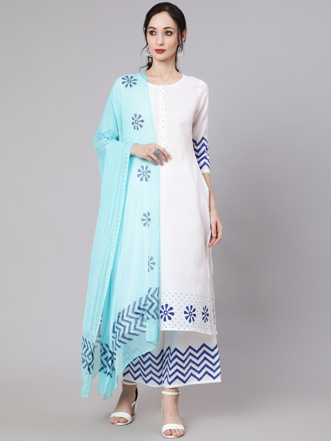 Women's White Block Printed Kurta Palazzo With Dupatta