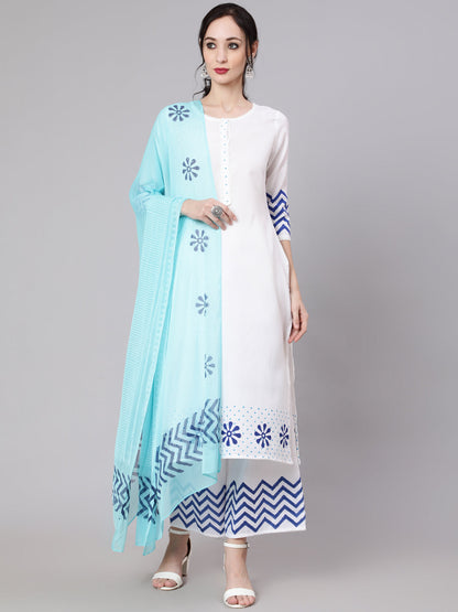 Women's White Block Printed Kurta Palazzo With Dupatta