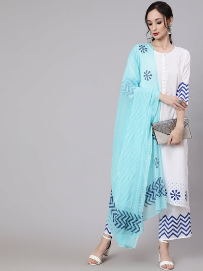 Women's White Block Printed Kurta Palazzo With Dupatta