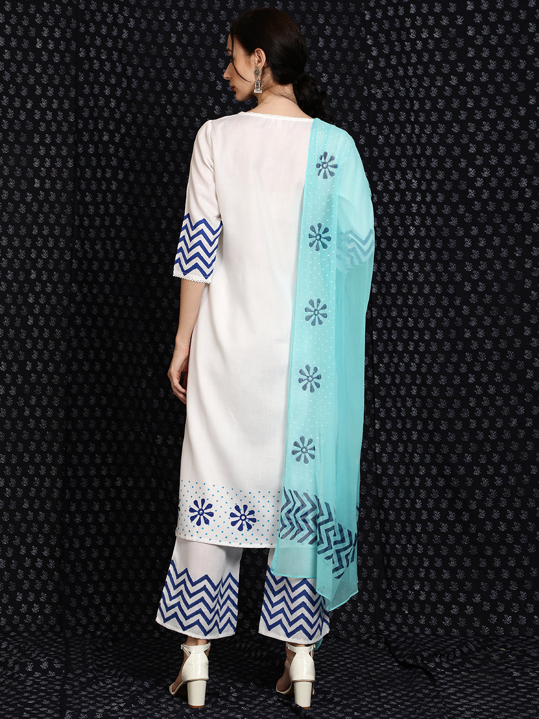 Women's White Block Printed Kurta Palazzo With Dupatta