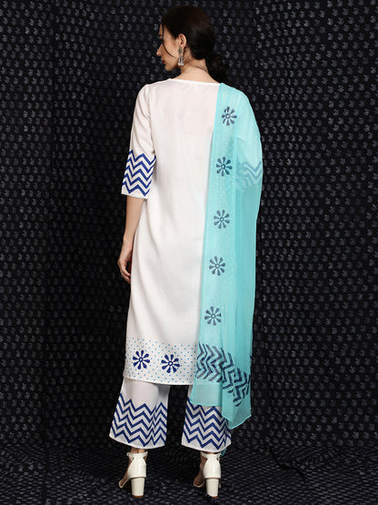 Women's White Block Printed Kurta Palazzo With Dupatta