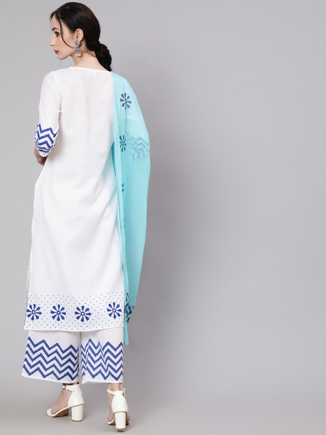 Women's White Block Printed Kurta Palazzo With Dupatta