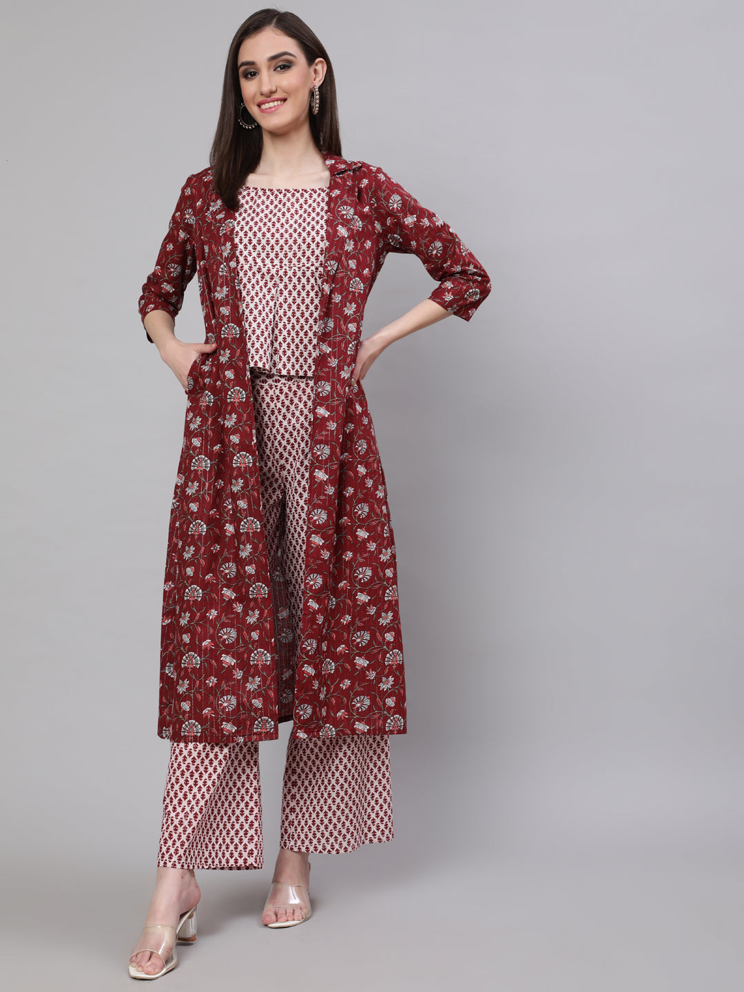 Women's Maroon Ethnic Motif Co Ord Set with Jacket