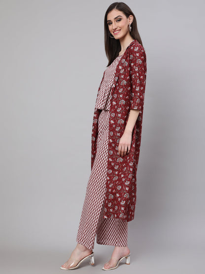 Women's Maroon Ethnic Motif Co Ord Set with Jacket