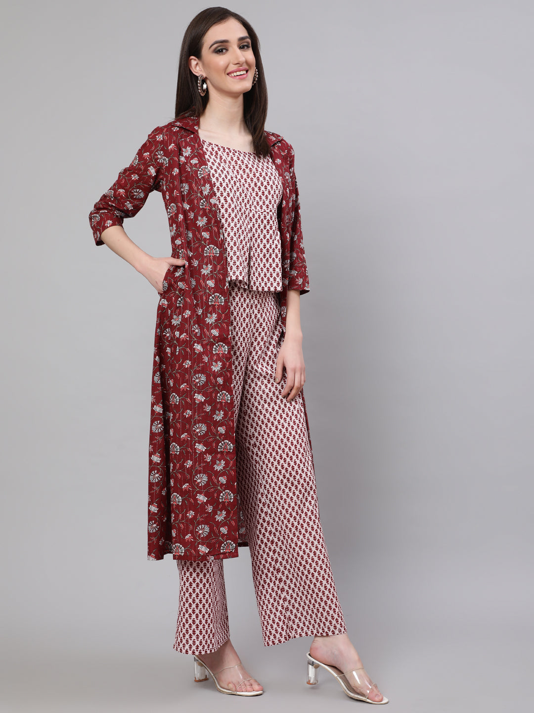 Women's Maroon Ethnic Motif Co Ord Set with Jacket