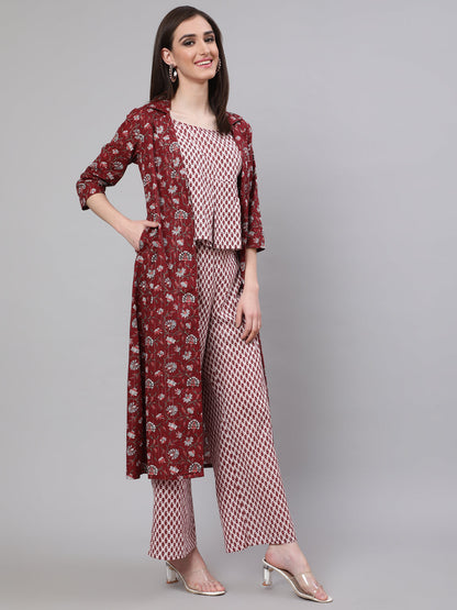 Women's Maroon Ethnic Motif Co Ord Set with Jacket