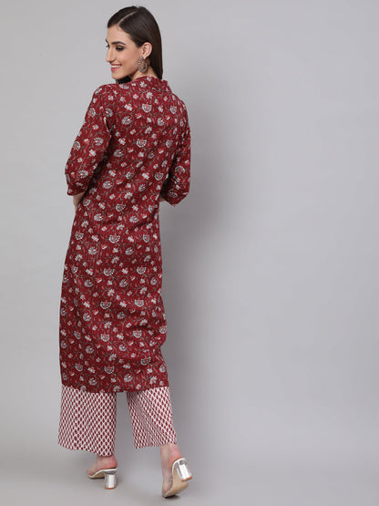 Women's Maroon Ethnic Motif Co Ord Set with Jacket