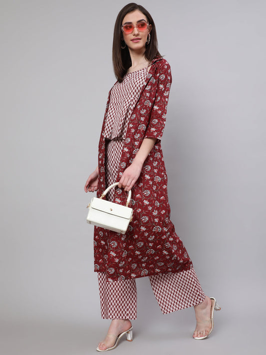 Women's Maroon Ethnic Motif Co Ord Set with Jacket