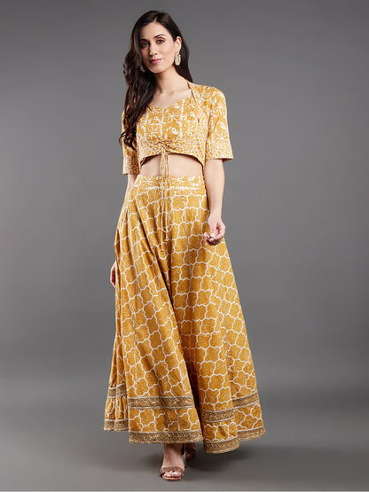 Women's Mustard Printed Lurex Co Ord Set