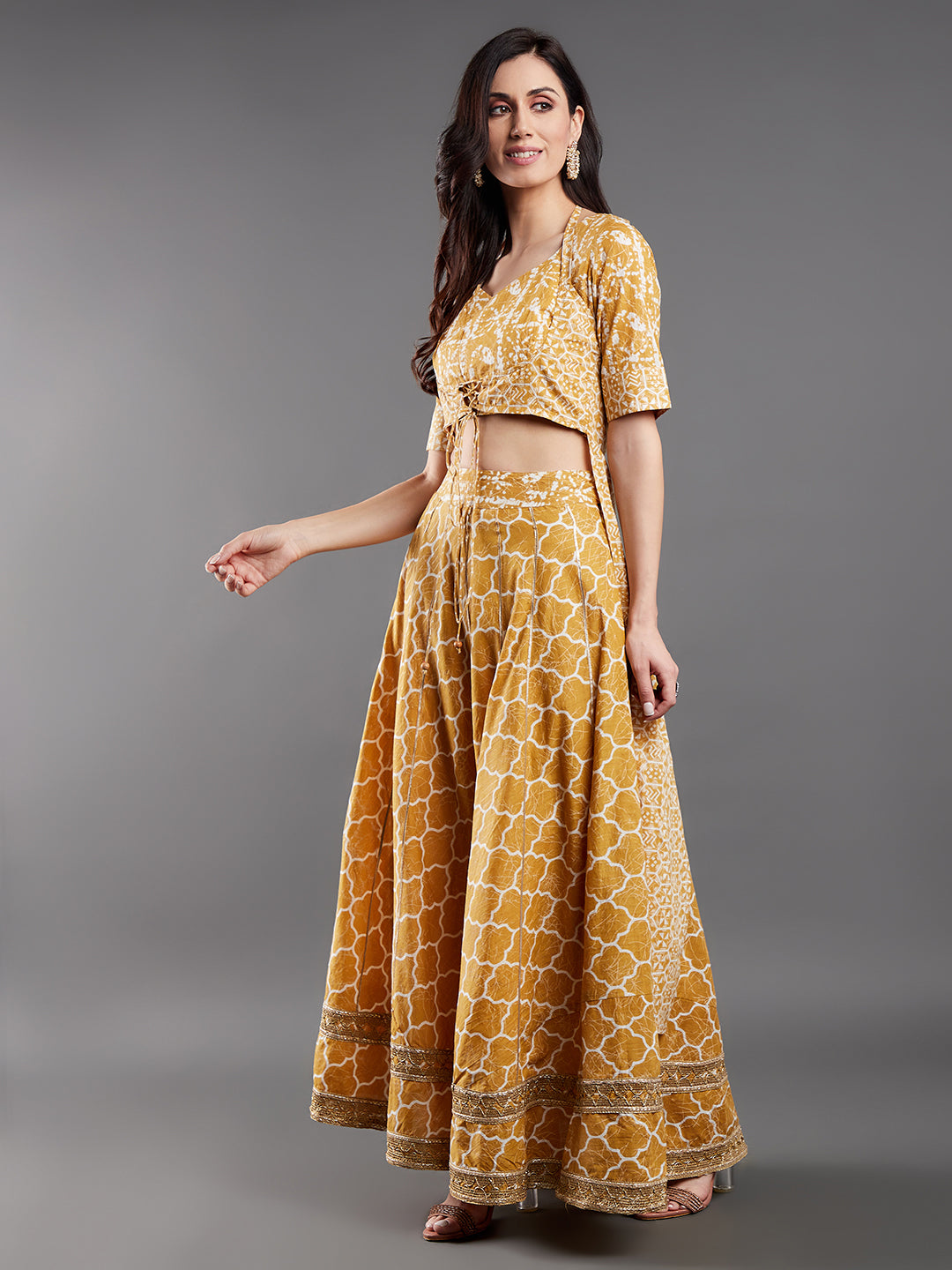 Women's Mustard Printed Lurex Co Ord Set