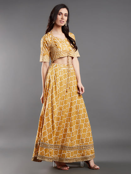 Women's Mustard Printed Lurex Co Ord Set