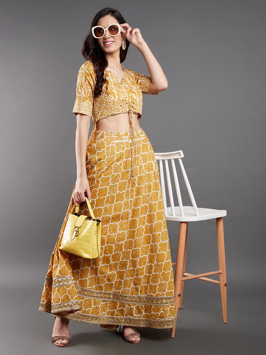 Women's Mustard Printed Lurex Co Ord Set