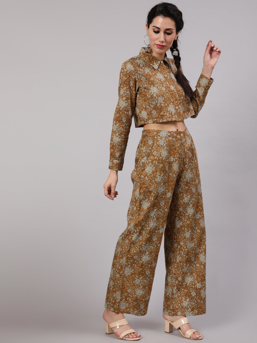 Women's Brown Floral Print Co Ord Set