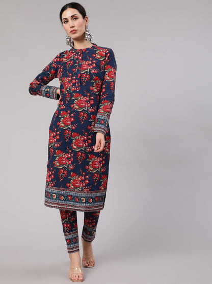 Women's Navy Blue Floral Print Straight Kurta With Pant