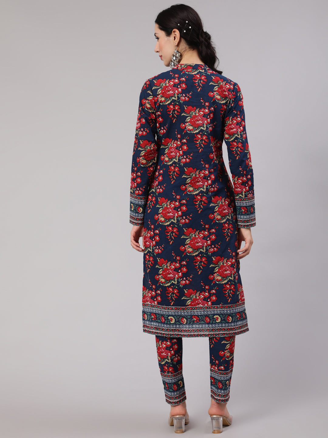 Women's Navy Blue Floral Print Straight Kurta With Pant