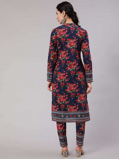Women's Navy Blue Floral Print Straight Kurta With Pant