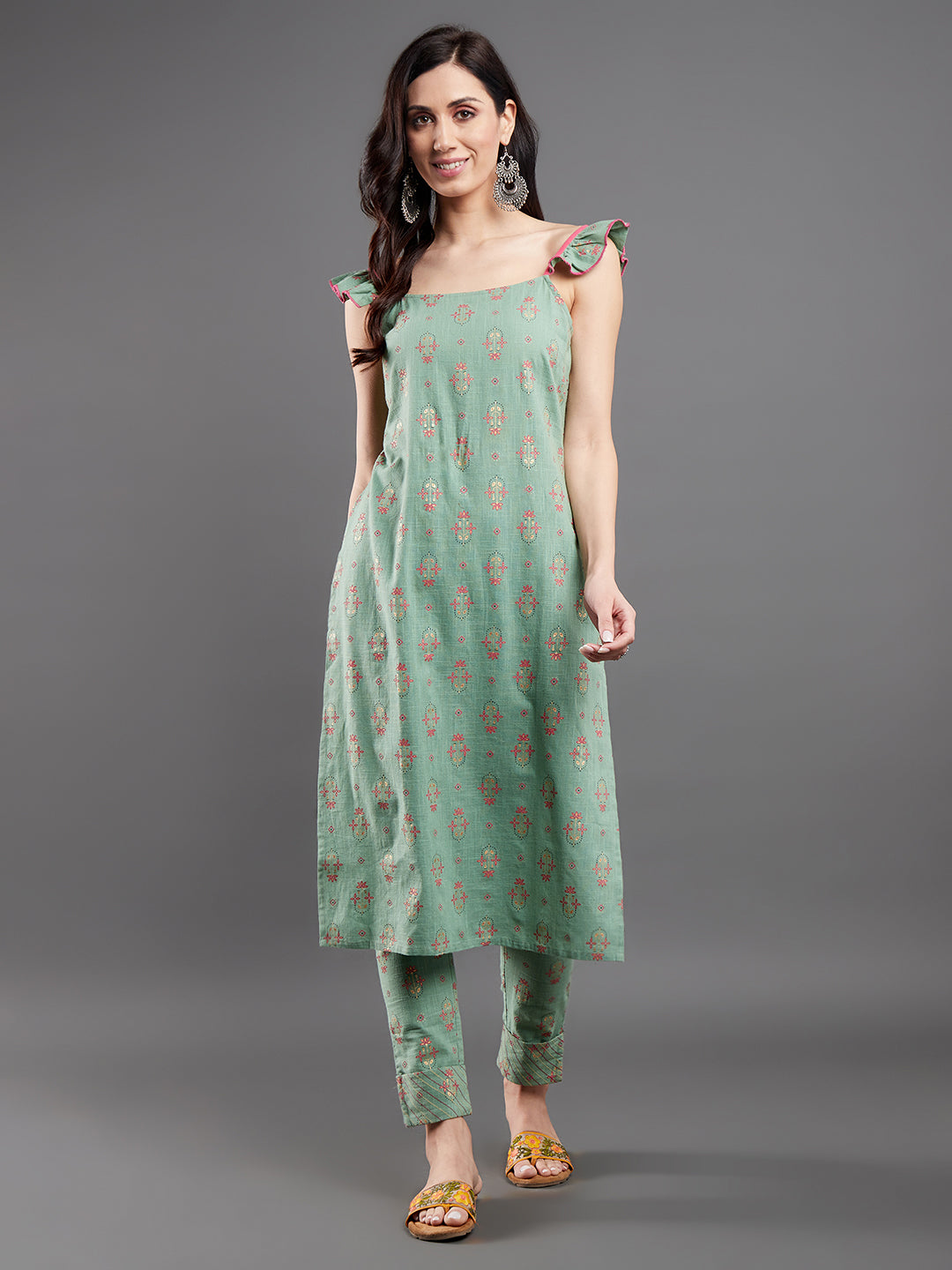 Women's Sea Green Floral Print Kurta With Pant
