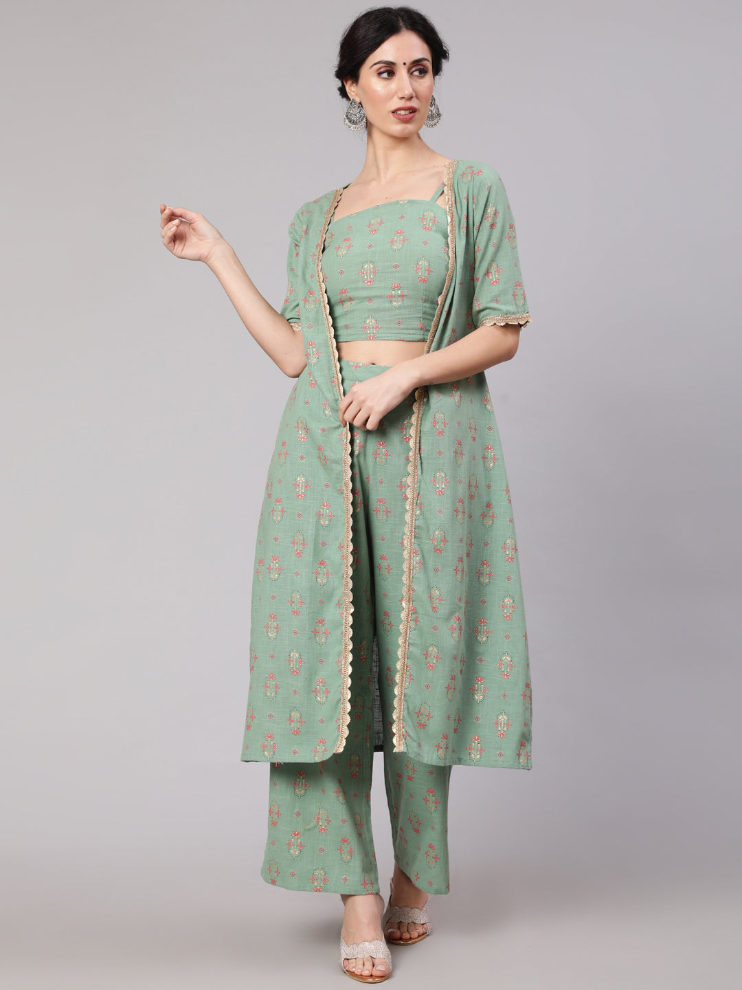 Women's Sea Green Floral Co Ord Set With Jacket