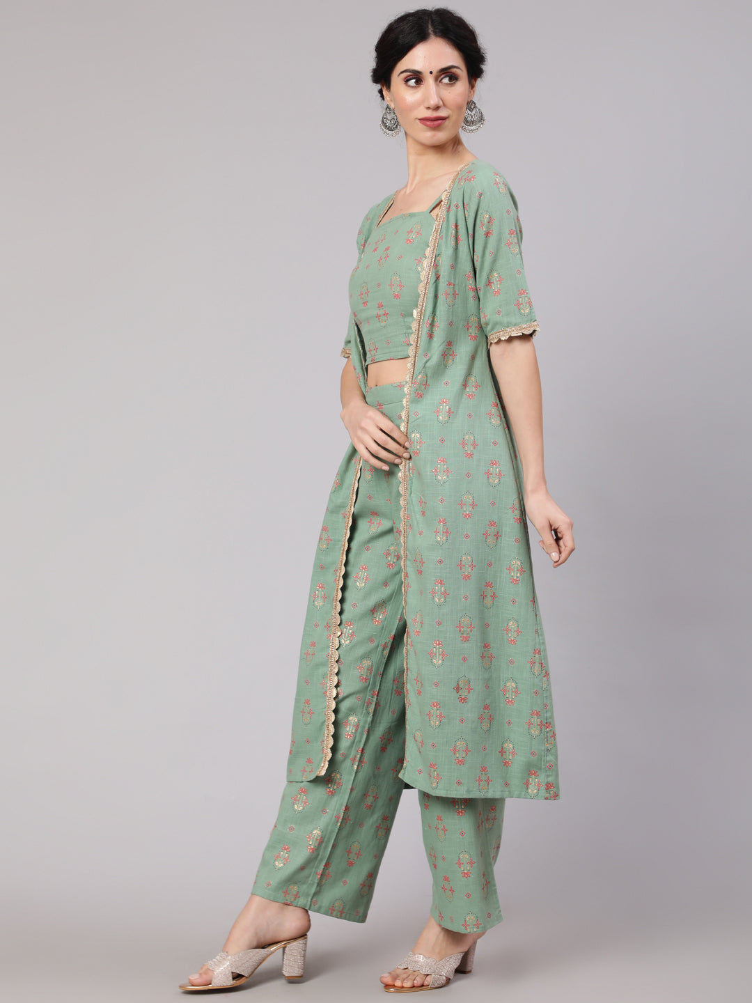 Women's Sea Green Floral Co Ord Set With Jacket