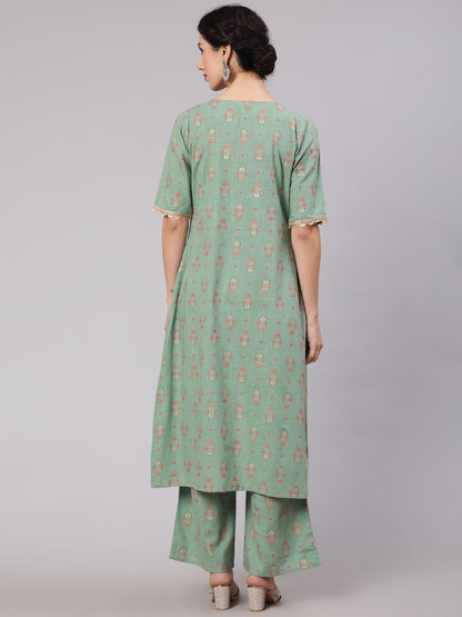 Women's Sea Green Floral Co Ord Set With Jacket
